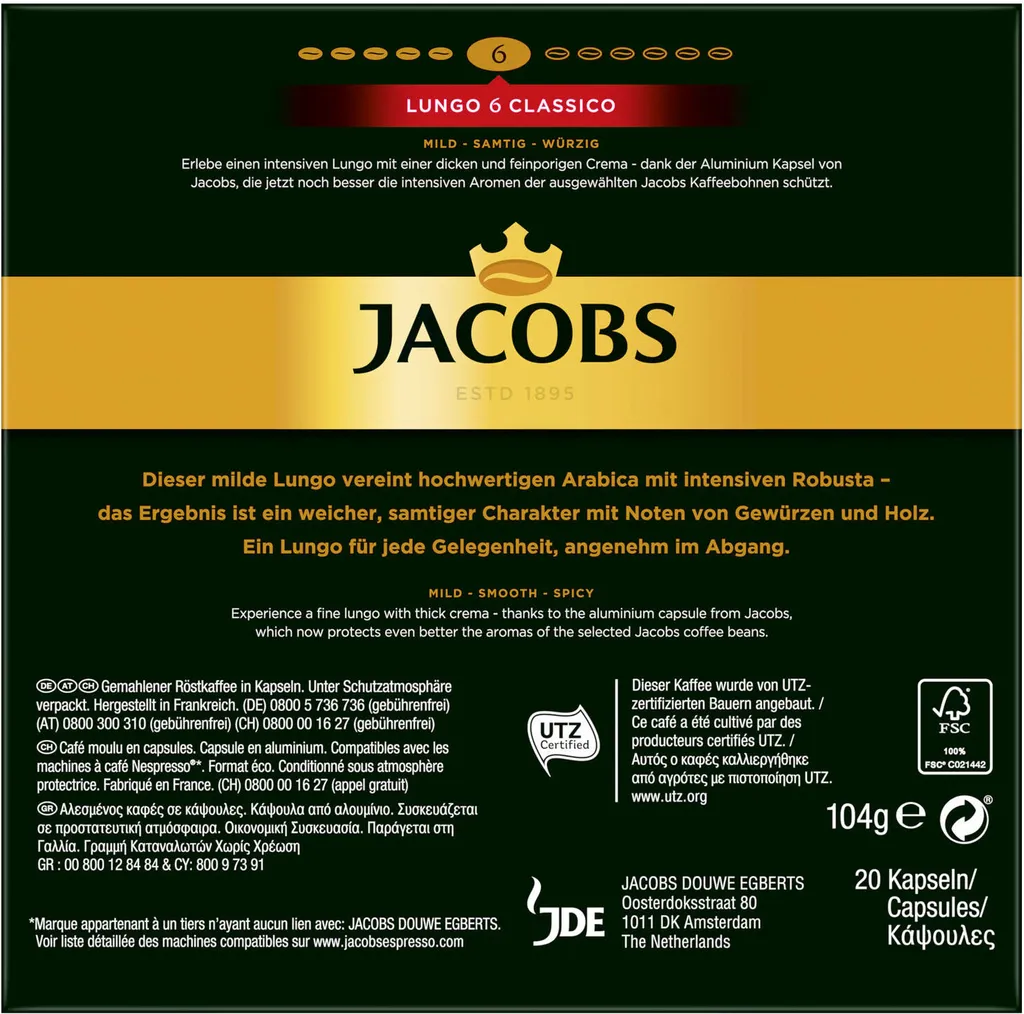JACOBS Kapseln Nespresso®* Kompatibel Je 20 Kapseln Lungo 6 Classico + Decaffeinato 6 Lungo + Lungo 8 Intenso + Espresso 12 Ristretto - Insgesamt 160 Getränke 5 JACOBS Kapseln Nespresso®* Kompatibel Je 20 Kapseln Lungo 6 Classico + Decaffeinato 6 Lungo + Lungo 8 Intenso + Espresso 12 Ristretto - Insgesamt 160 Getränke – Bild 5