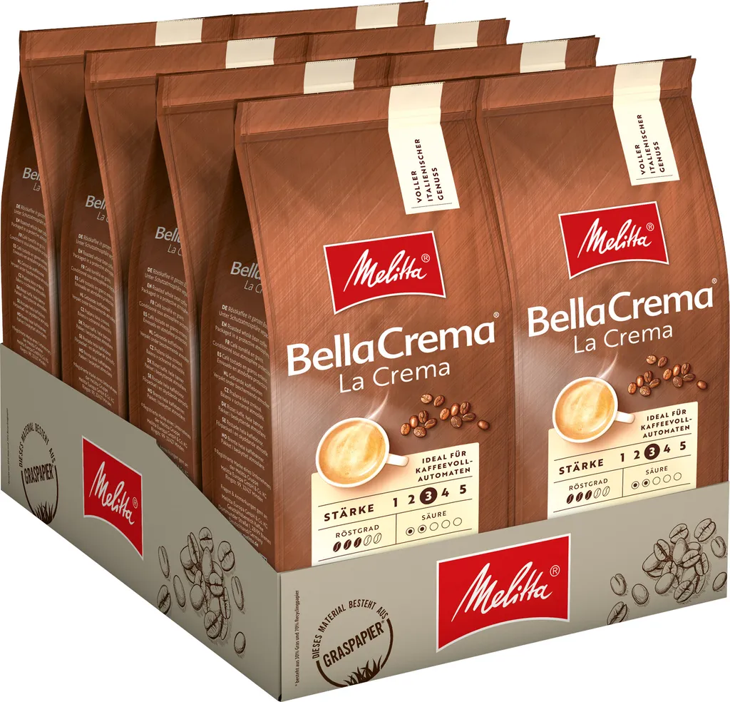 Melitta Kaffee BellaCrema LaCrema Ganze Bohne, Mittelstarke Kaffeebohnen, 8er Pack, 8 X 1000g 1 Melitta Kaffee BellaCrema LaCrema Ganze Bohne, Mittelstarke Kaffeebohnen, 8er Pack, 8 X 1000g