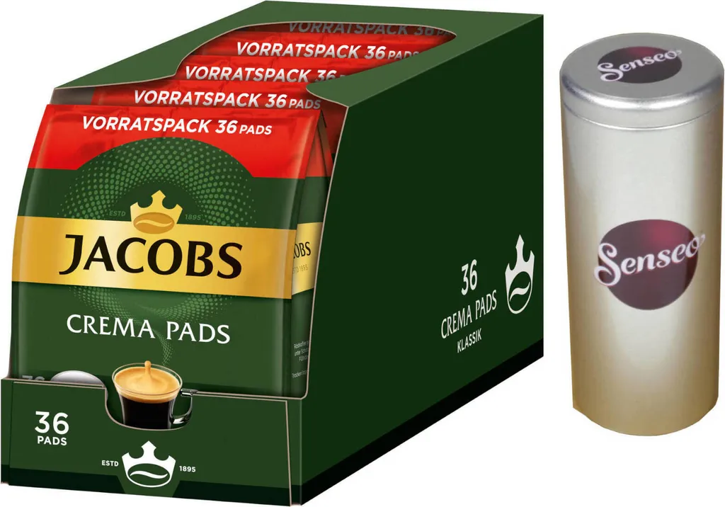 JACOBS Pads Crema Classic UTZ- 5 X 36 Getränke Vorteilspack + 1 Senseo Dose 1 JACOBS Pads Crema Classic UTZ- 5 X 36 Getränke Vorteilspack + 1 Senseo Dose