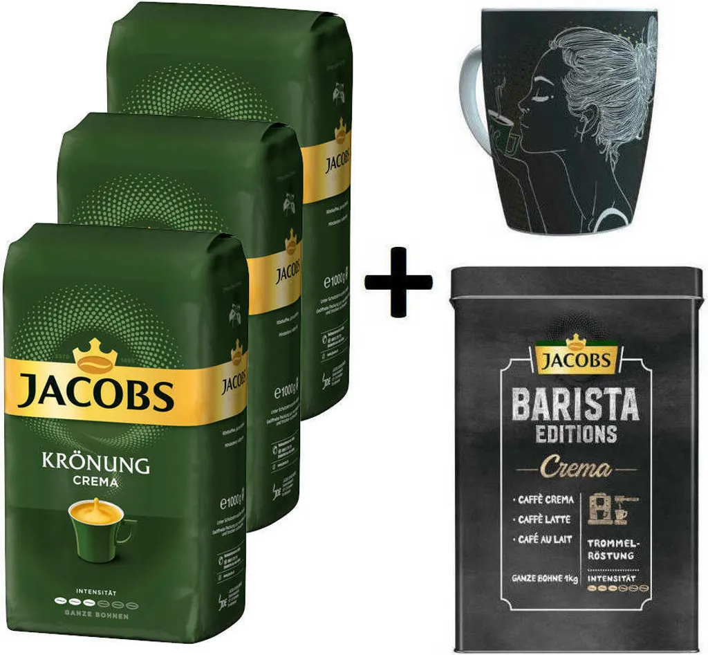 JACOBS Kaffeebohnen Krönung Crema 3 Kg Ganze Geröstete Bohnen + 1 Jacobs Barista Becher + 1 Dose 1 JACOBS Kaffeebohnen Krönung Crema 3 Kg Ganze Geröstete Bohnen + 1 Jacobs Barista Becher + 1 Dose