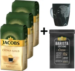 JACOBS Kaffeebohnen Expertenröstung Crema Gold 3 Kg Geröstete Bohnen+ 1 Jacobs Barista Becher+ 1 Dose