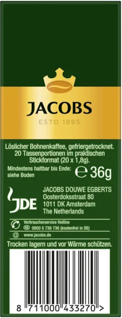 JACOBS Krönung Löslicher Kaffee 8 X 20 Getränke Sticks Instantkaffee -Kaffee Verkäufe 7837a7efae665fbc62c9cf155437fa21 1
