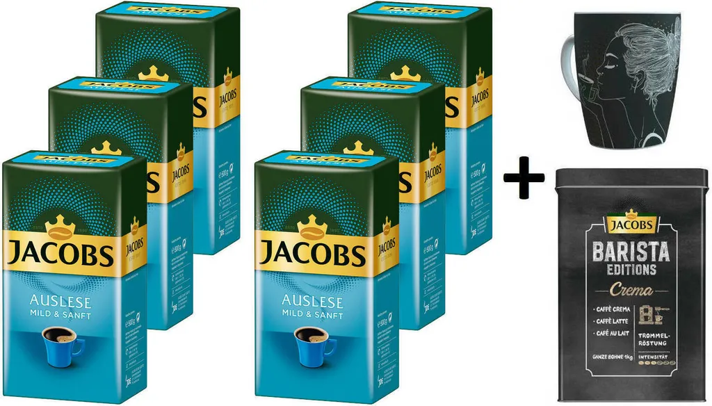 JACOBS Filterkaffee Auslese Mild & Sanft 6 X 500 G Kaffee Gemahlen + 1 Becher+ 1 Dose 1 JACOBS Filterkaffee Auslese Mild & Sanft 6 X 500 G Kaffee Gemahlen + 1 Becher+ 1 Dose