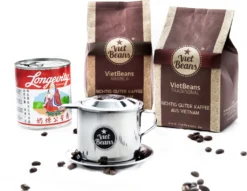 Vietnamesisches Kaffee-Starterset VietBeans Gemahlen - 2 X 250g Gemahlener Röstkaffee + Filter (Phin) + Gez. Kondensmilch -Kaffee Verkäufe d7181f7d2ef11274d0cc4f39fc4f87b5