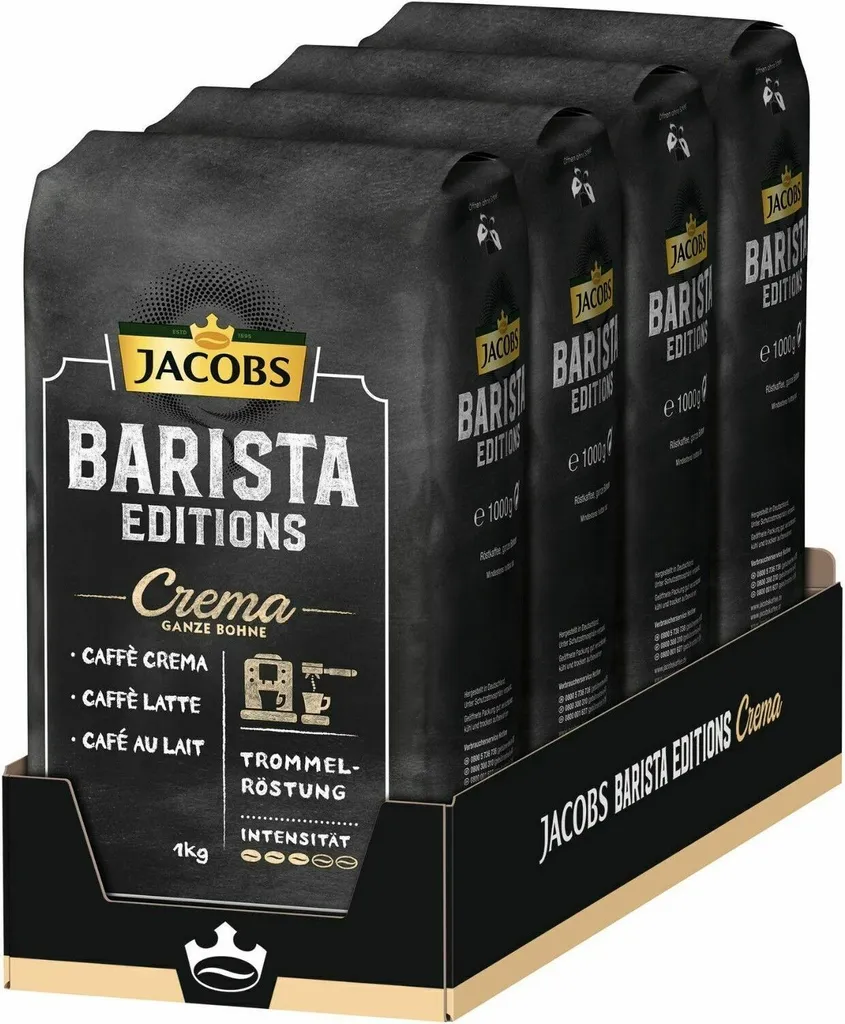 JACOBS Kaffeebohnen Barista Editions Crema Ganze Bohne 4x1 Kg + 2 Alu Dosen Im Barista Design 3 JACOBS Kaffeebohnen Barista Editions Crema Ganze Bohne 4x1 Kg + 2 Alu Dosen Im Barista Design – Bild 3