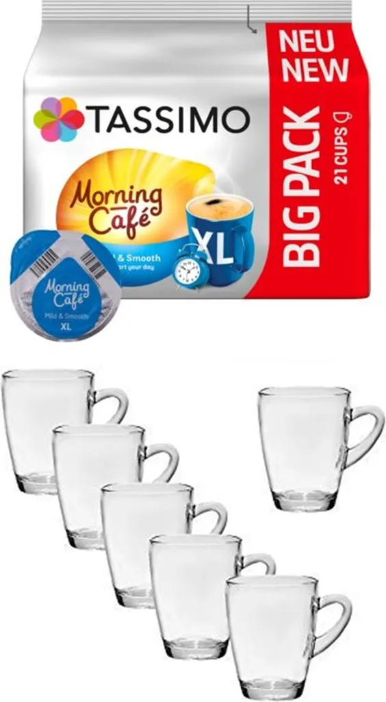 Morning Café XL Mild + 6 X Glas Henkelbecher Henkel 300ml, Höhe: 10,5cm 1 Morning Café XL Mild + 6 X Glas Henkelbecher Henkel 300ml, Höhe: 10,5cm