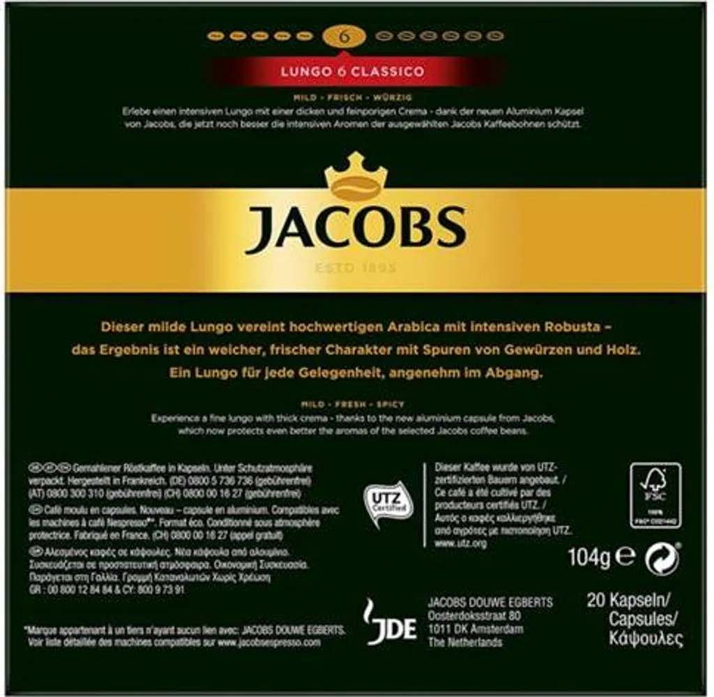 JACOBSLungo 6 Classico 200 Nespresso®* Kompatible Kaffeekapseln 3 JACOBSLungo 6 Classico 200 Nespresso®* Kompatible Kaffeekapseln – Bild 3
